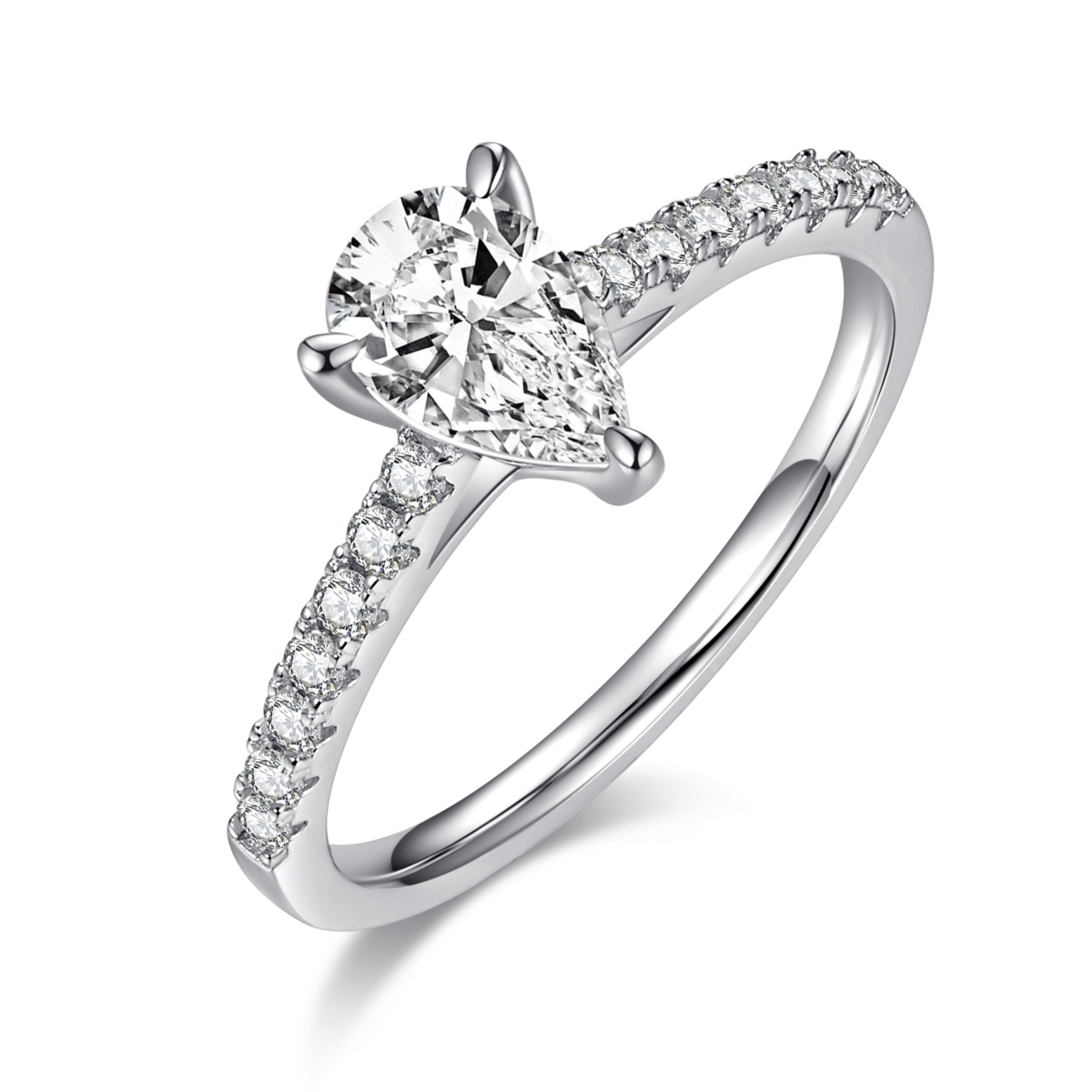 Micro inlaid pear shaped S925 silver plated white gold moissanite diamond women's ring 1.0 carat D-grade